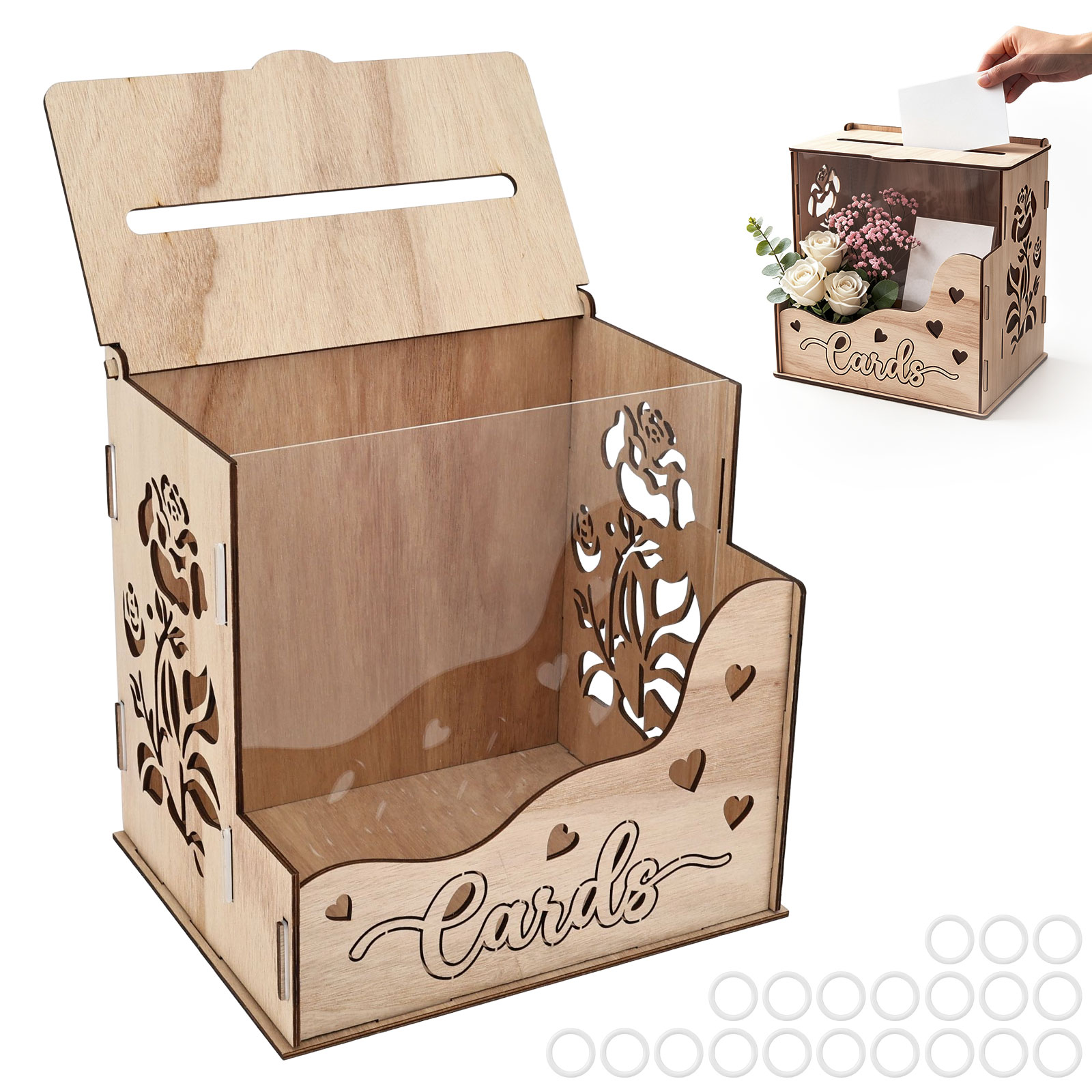 Wedding Card Box - 아크릴 창과 꽃꽂이가 있는 나무 파티