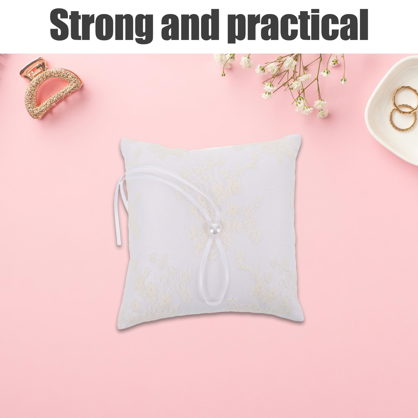 Ring Bearer Pillow - 새틴 웨딩 링 베개, 흰색 자수
